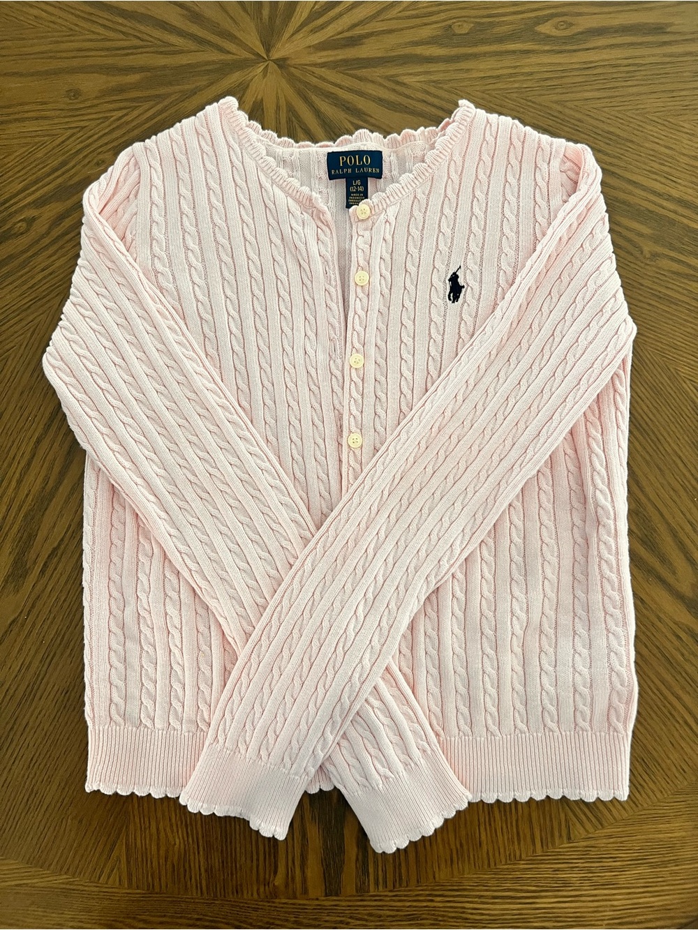 Polo Ralph Lauren Girls L 12-14 Pink Cable Knit Cotton Cardigan Preppy